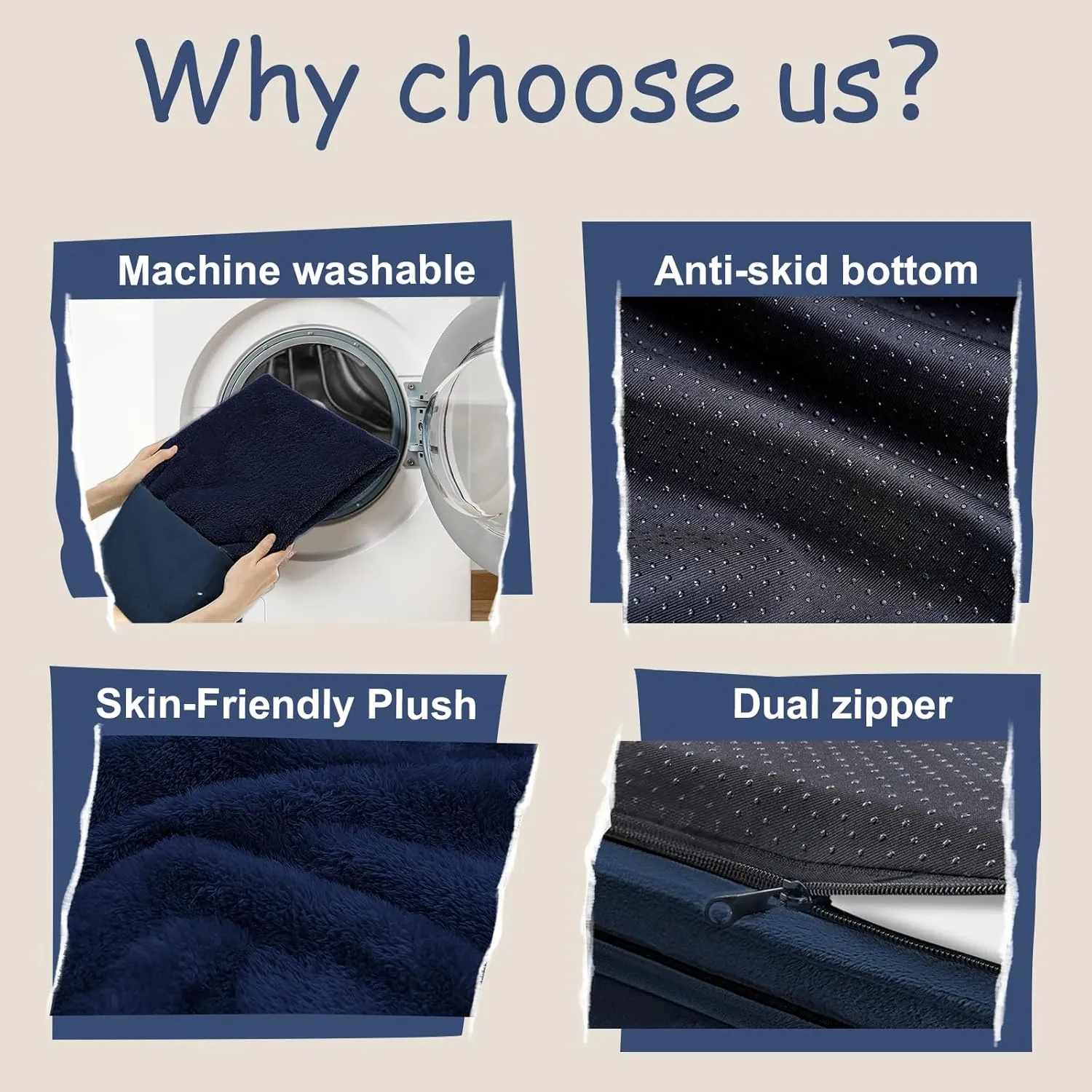Orthopedic Washable Large Dog Bed: Waterproof Bolster - Medium Large Dogs, Removable Cover - Navy