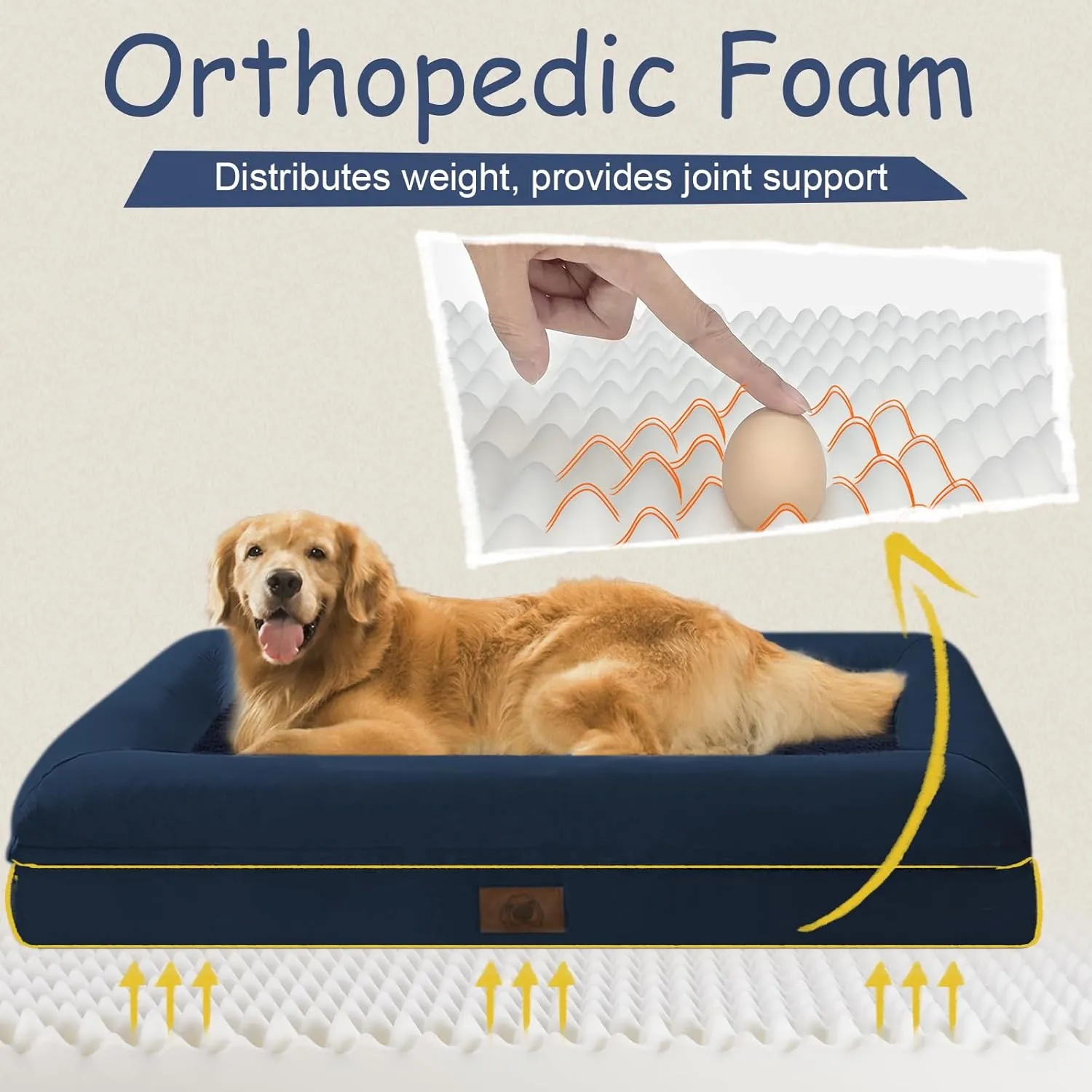 Orthopedic Washable Large Dog Bed: Waterproof Bolster - Medium Large Dogs, Removable Cover - Navy