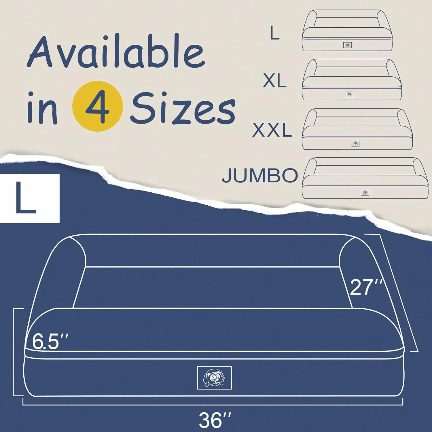 Orthopedic Washable Large Dog Bed: Waterproof Bolster - Medium Large Dogs, Removable Cover - Navy