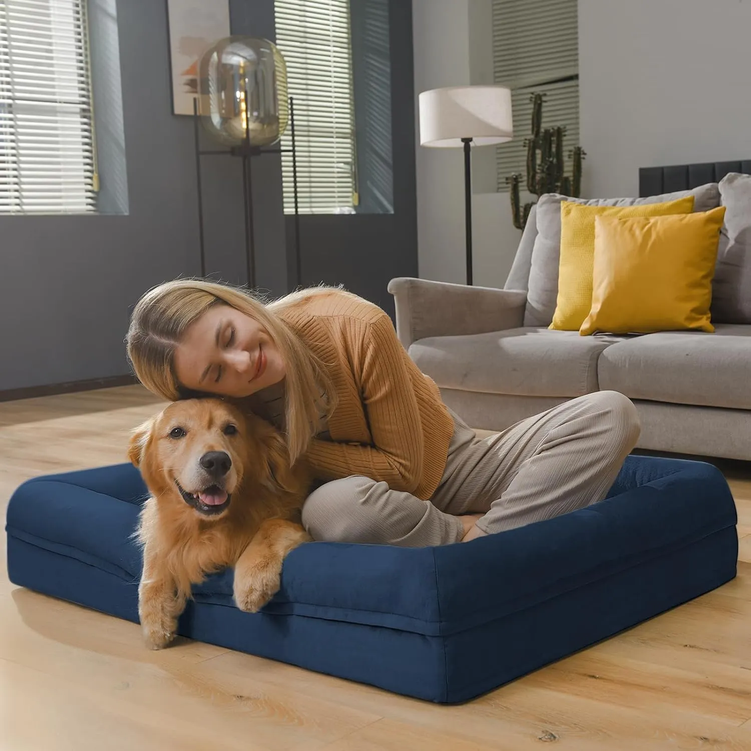Orthopedic Washable Large Dog Bed: Waterproof Bolster - Medium Large Dogs, Removable Cover - Navy