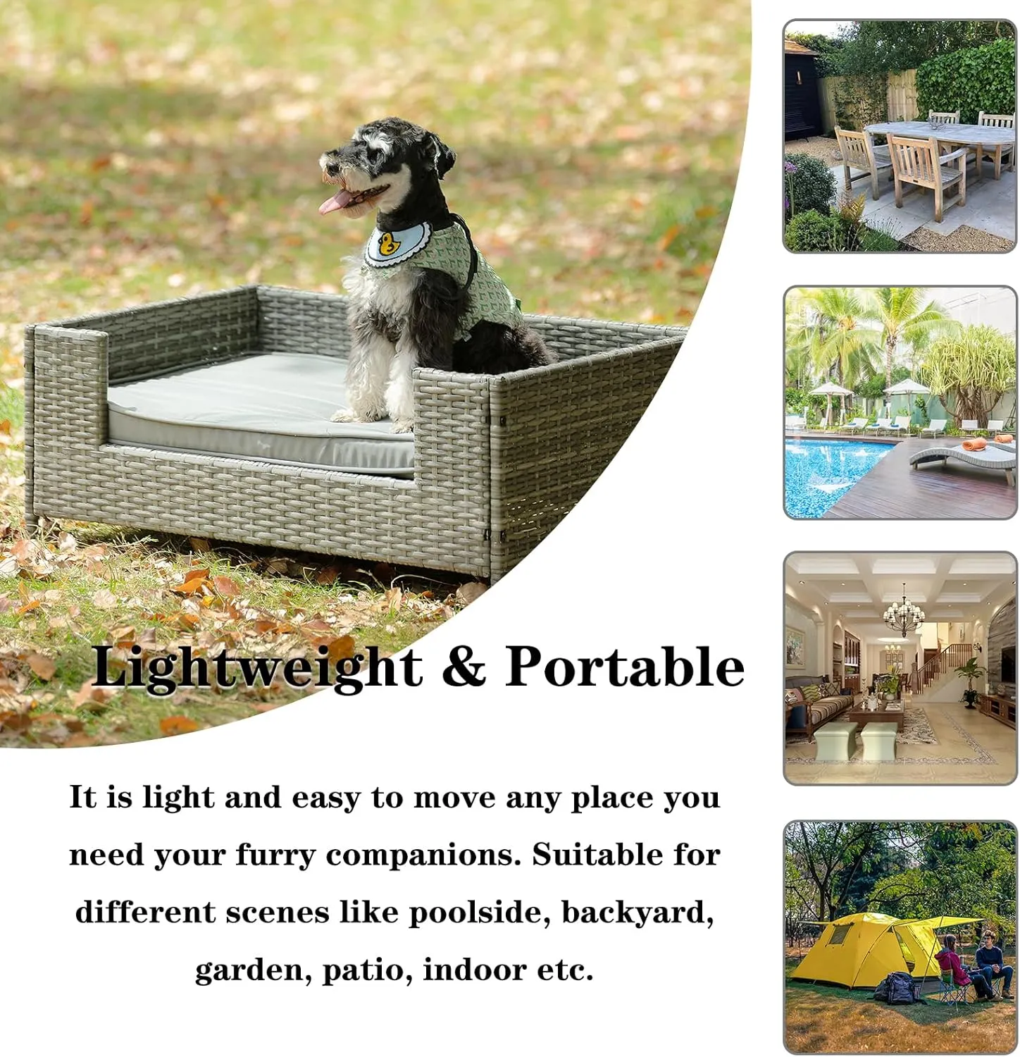 Outdoor Elevated Dog Bed PE Wicker Pet Couch Bed for Medium Small Dogs & Cats, 35'' Heavy Duty Dog Bed Frame with Comfortable Removable Cushion, Wear-resistant & Waterproof, Sturdy Metal Tube