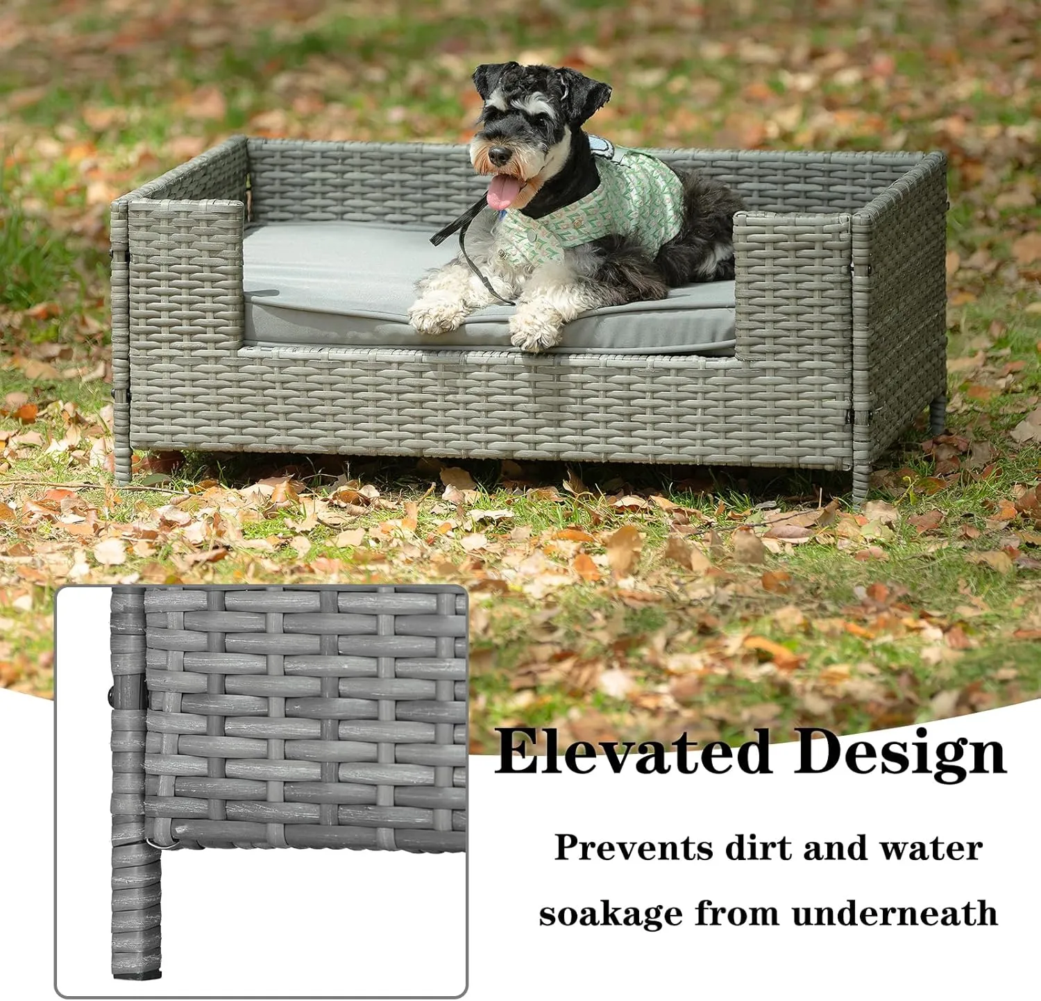 Outdoor Elevated Dog Bed PE Wicker Pet Couch Bed for Medium Small Dogs & Cats, 35'' Heavy Duty Dog Bed Frame with Comfortable Removable Cushion, Wear-resistant & Waterproof, Sturdy Metal Tube