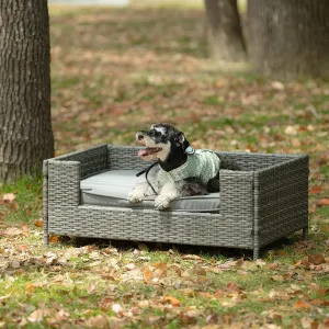 Outdoor Elevated Dog Bed PE Wicker Pet Couch Bed for Medium Small Dogs & Cats, 35'' Heavy Duty Dog Bed Frame with Comfortable Removable Cushion, Wear-resistant & Waterproof, Sturdy Metal Tube