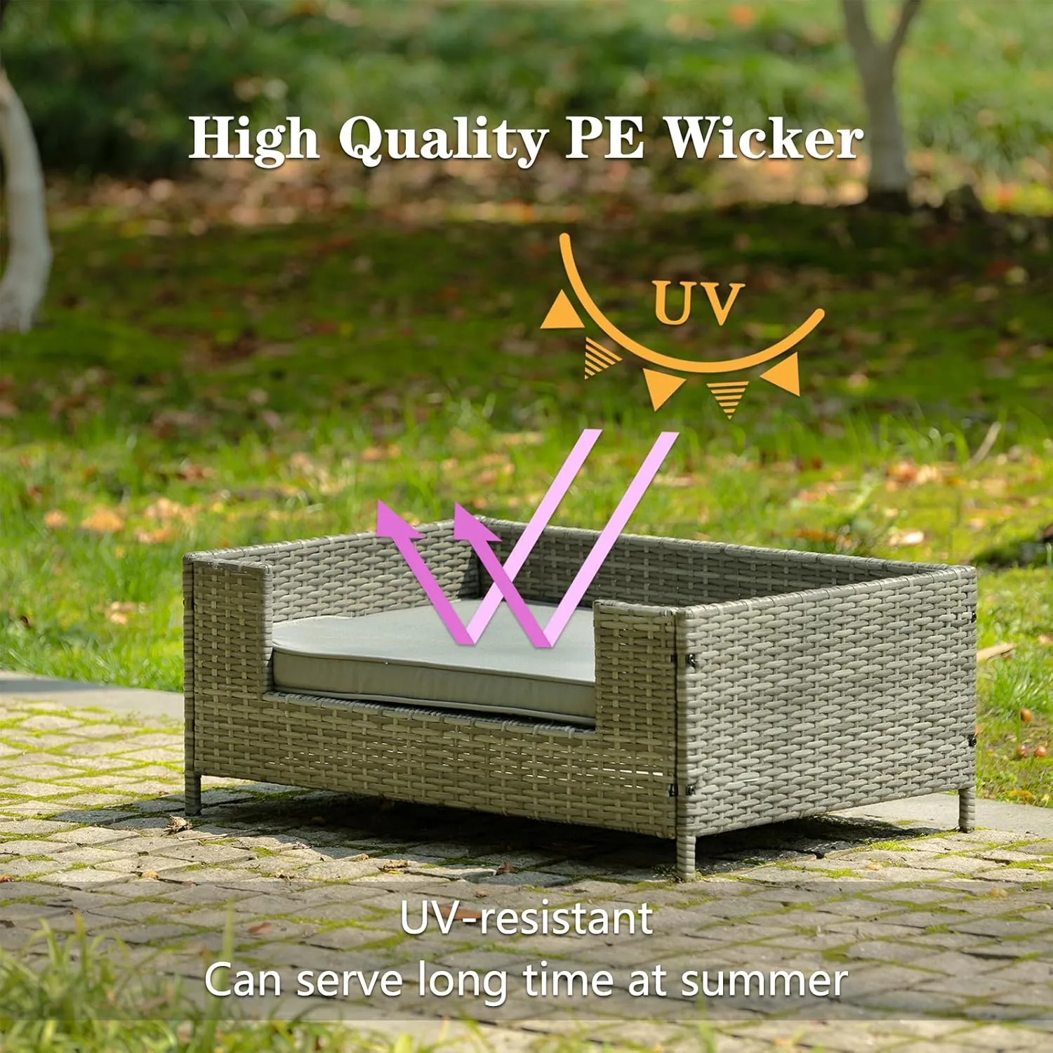 Outdoor Elevated Dog Bed PE Wicker Pet Couch Bed for Medium Small Dogs & Cats, 35'' Heavy Duty Dog Bed Frame with Comfortable Removable Cushion, Wear-resistant & Waterproof, Sturdy Metal Tube