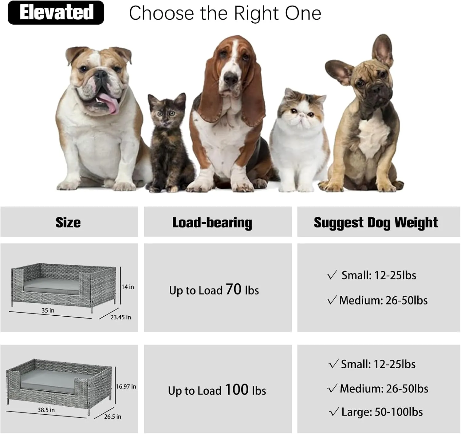 Outdoor Elevated Dog Bed PE Wicker Pet Couch Bed for Medium Small Dogs & Cats, 35'' Heavy Duty Dog Bed Frame with Comfortable Removable Cushion, Wear-resistant & Waterproof, Sturdy Metal Tube