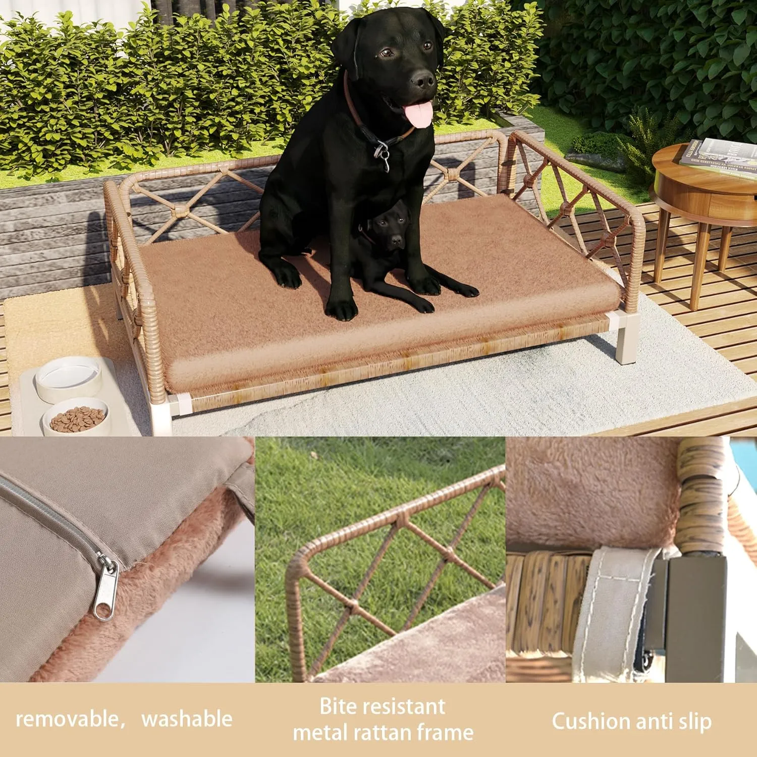 Outdoor Wicker Dog Bed Indoor Rattan Dog Sofa with Soft Cushion (Brown Wicker and Cushion, Large)