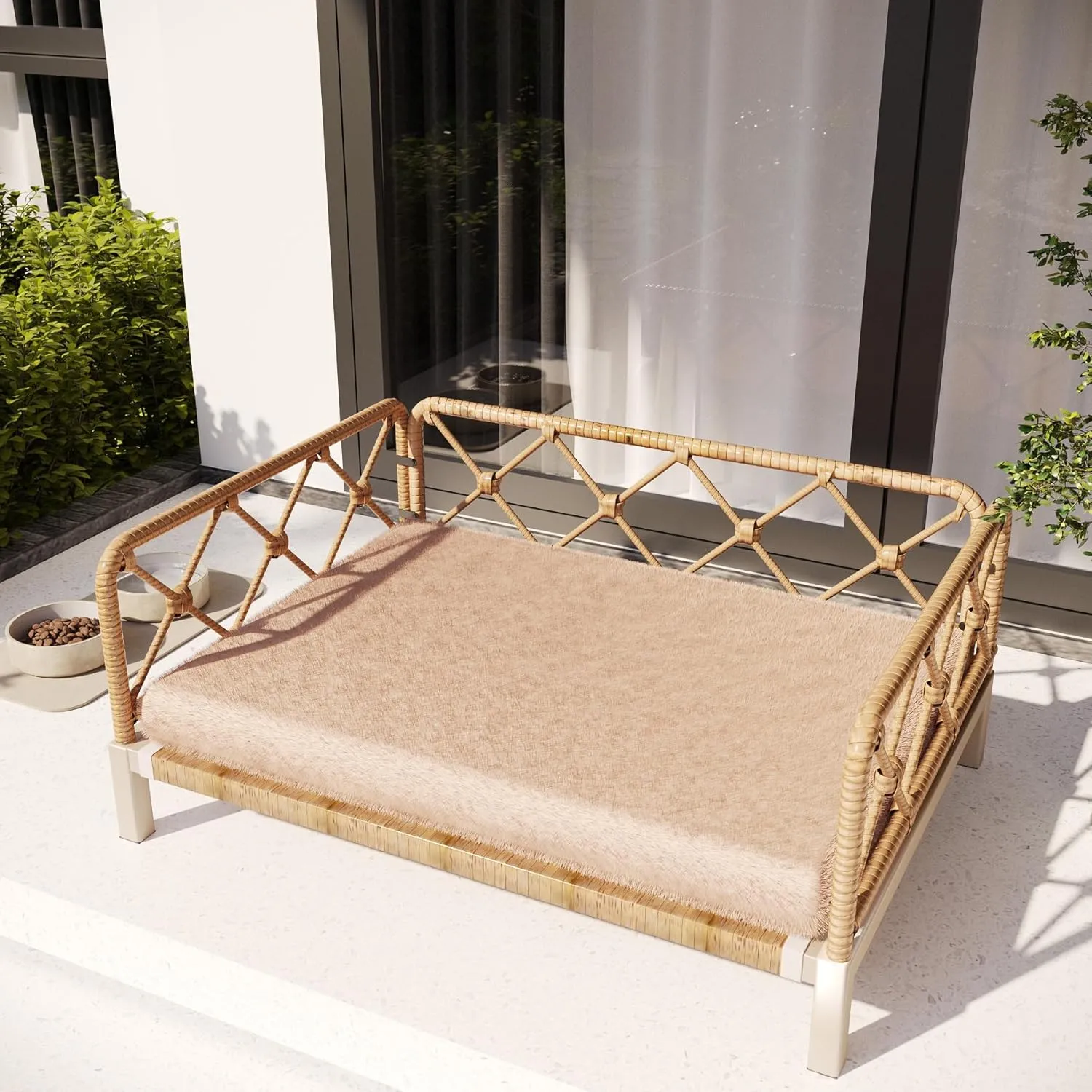 Outdoor Wicker Dog Bed Indoor Rattan Dog Sofa with Soft Cushion (Brown Wicker and Cushion, Large)