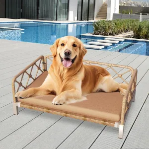 Outdoor Wicker Dog Bed Indoor Rattan Dog Sofa with Soft Cushion (Brown Wicker and Cushion, Large)