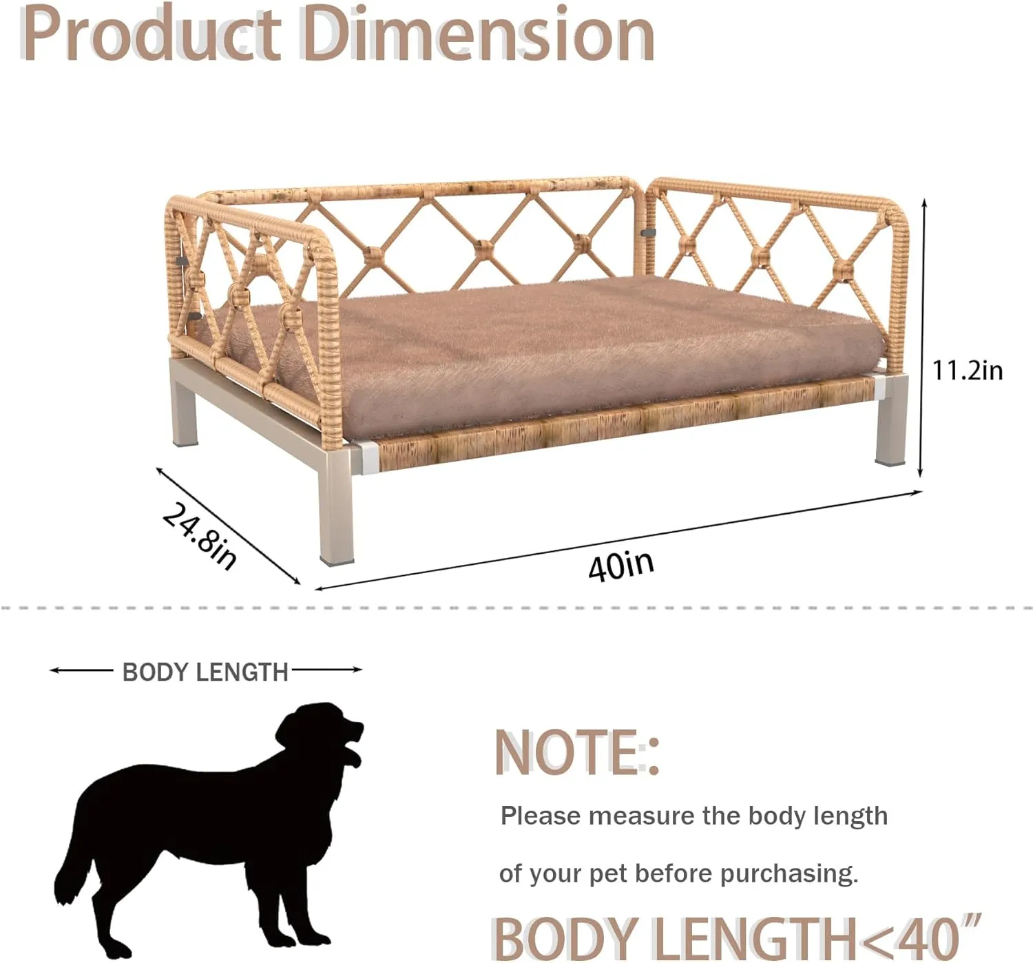 Outdoor Wicker Dog Bed Indoor Rattan Dog Sofa with Soft Cushion (Brown Wicker and Cushion, Large)