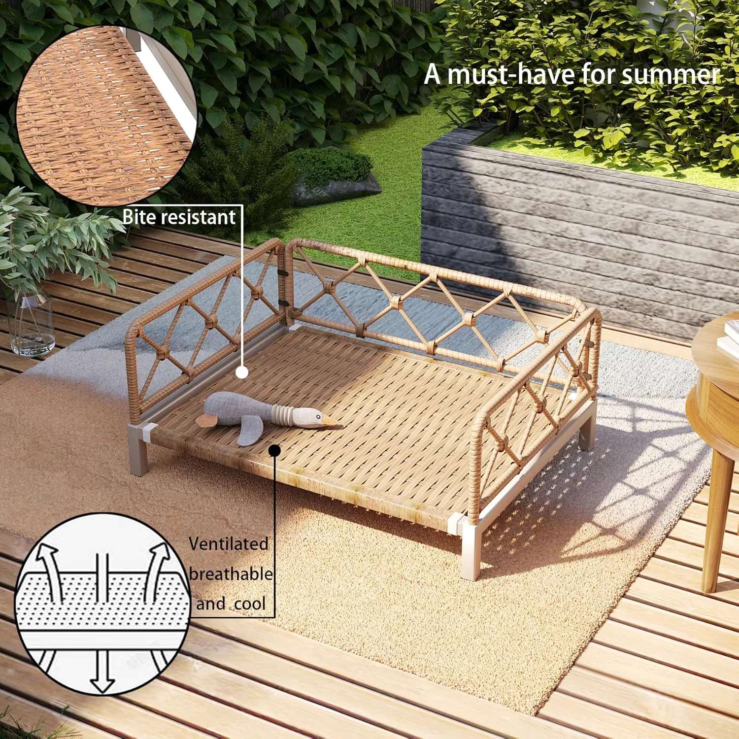 Outdoor Wicker Dog Bed Indoor Rattan Dog Sofa with Soft Cushion (Brown Wicker and Cushion, Large)