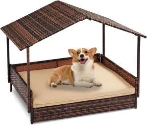 Outvita Wicker Dog House, 31.3" Elevated Dog Bed with Canopy and Pad, Rattan Dog Bed, Raised Pet Shelter with Detachable Cushion Cover, Outdoor and Indoor for Small to Medium Dogs Brown