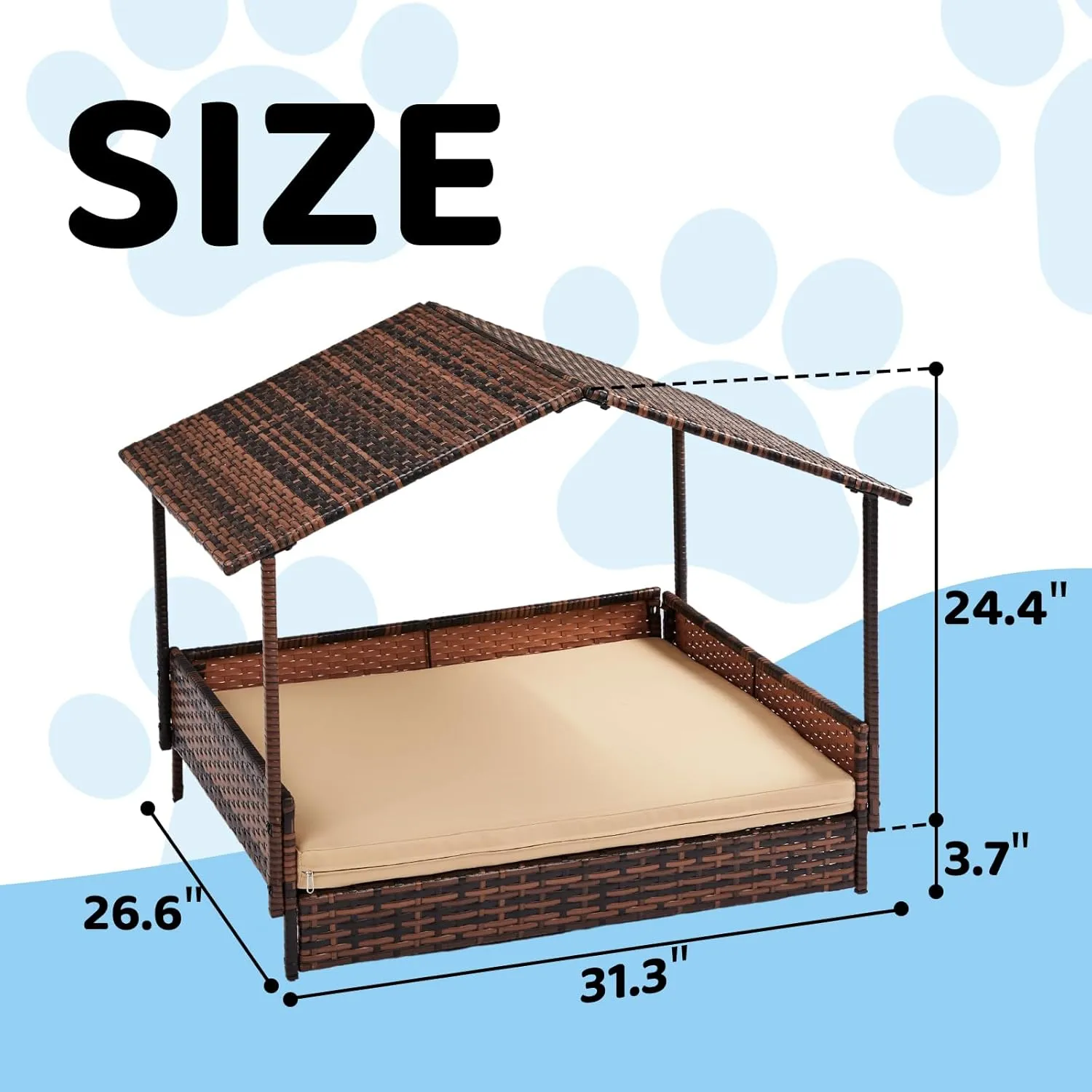 Outvita Wicker Dog House, 31.3" Elevated Dog Bed with Canopy and Pad, Rattan Dog Bed, Raised Pet Shelter with Detachable Cushion Cover, Outdoor and Indoor for Small to Medium Dogs Brown