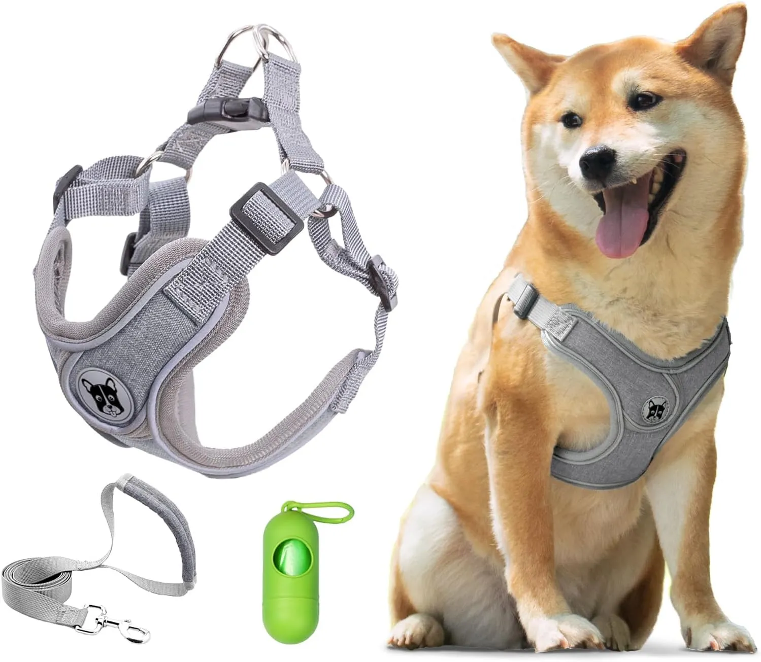 Patas Lague Dog Harness with Leash Set for Medium Dogs, No Pull No Choke Reflective Step in X Head Pet Harness Vest with Poop Bags and Dispenser, Adjustable and Padded, Grey Large