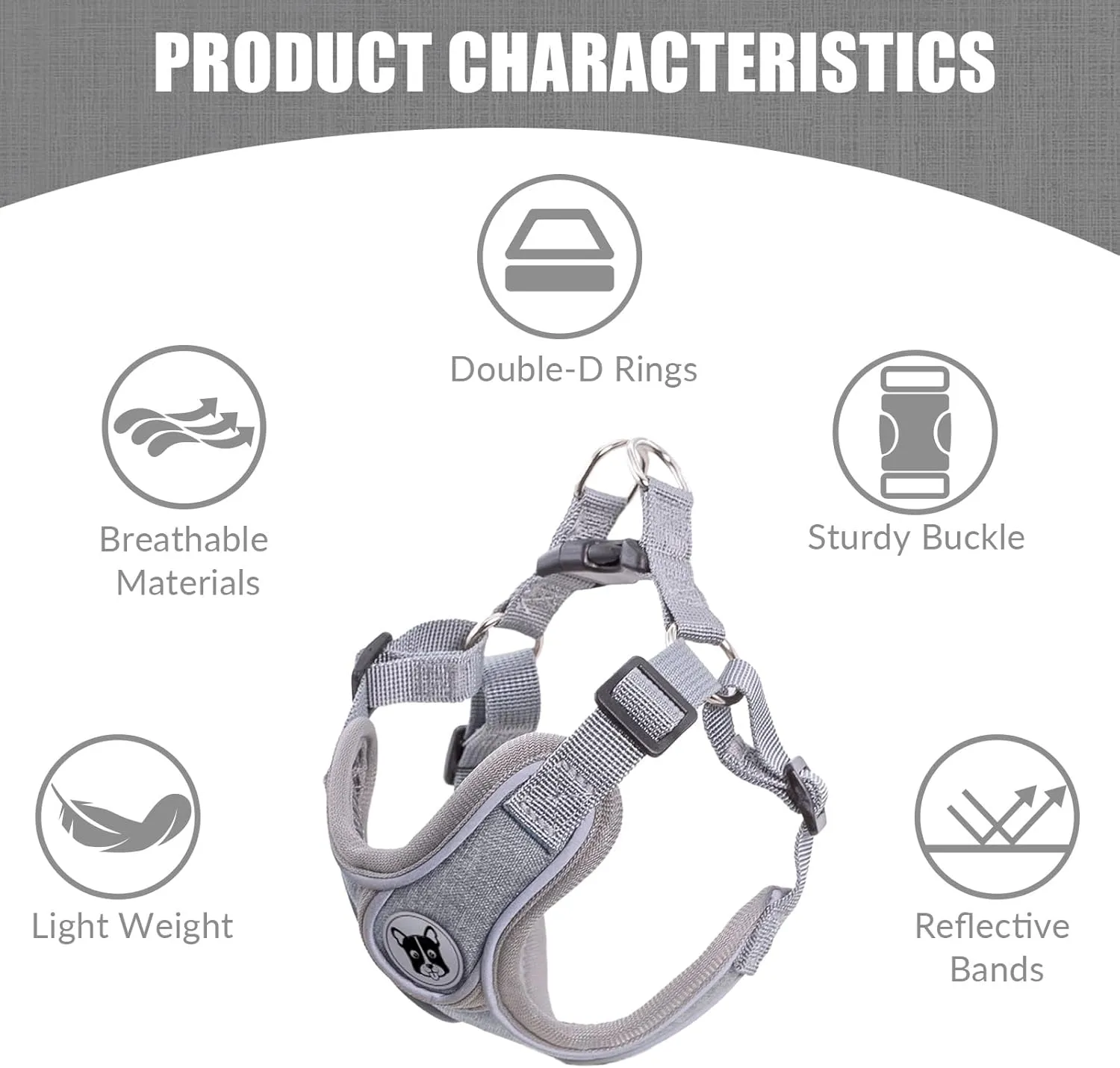 Patas Lague Dog Harness with Leash Set for Medium Dogs, No Pull No Choke Reflective Step in X Head Pet Harness Vest with Poop Bags and Dispenser, Adjustable and Padded, Grey Large