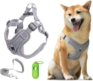 Patas Lague Dog Harness with Leash Set for Medium Dogs, No Pull No Choke Reflective Step in X Head Pet Harness Vest with Poop Bags and Dispenser, Adjustable and Padded, Grey Large