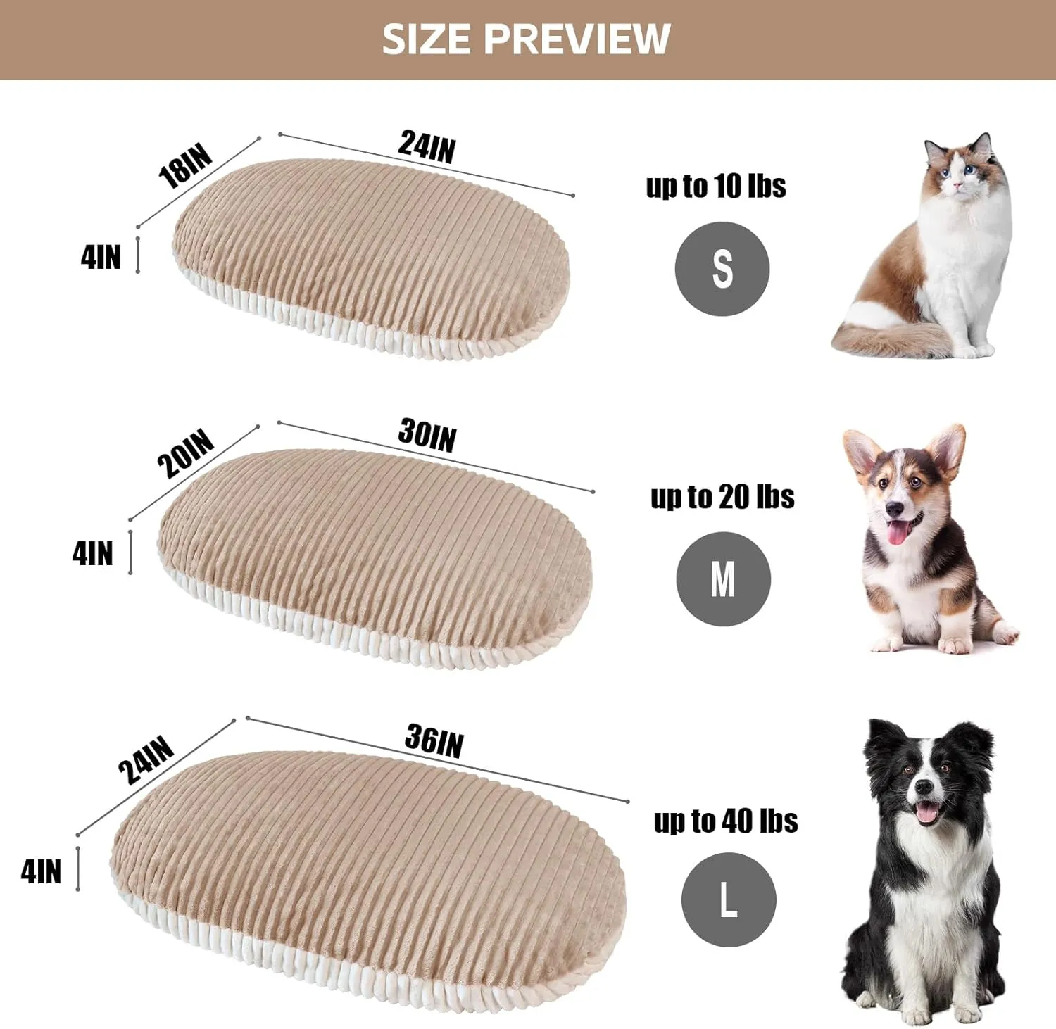 Patas Lague Reversible Orthopedic Dog Bed for Small Dogs 24''x18'', Memory Foam Supportive Therapy Fillings Deep Sleep Pet Beds with Removable Cover Soft Warm Washable Cat Cuddler Khaki