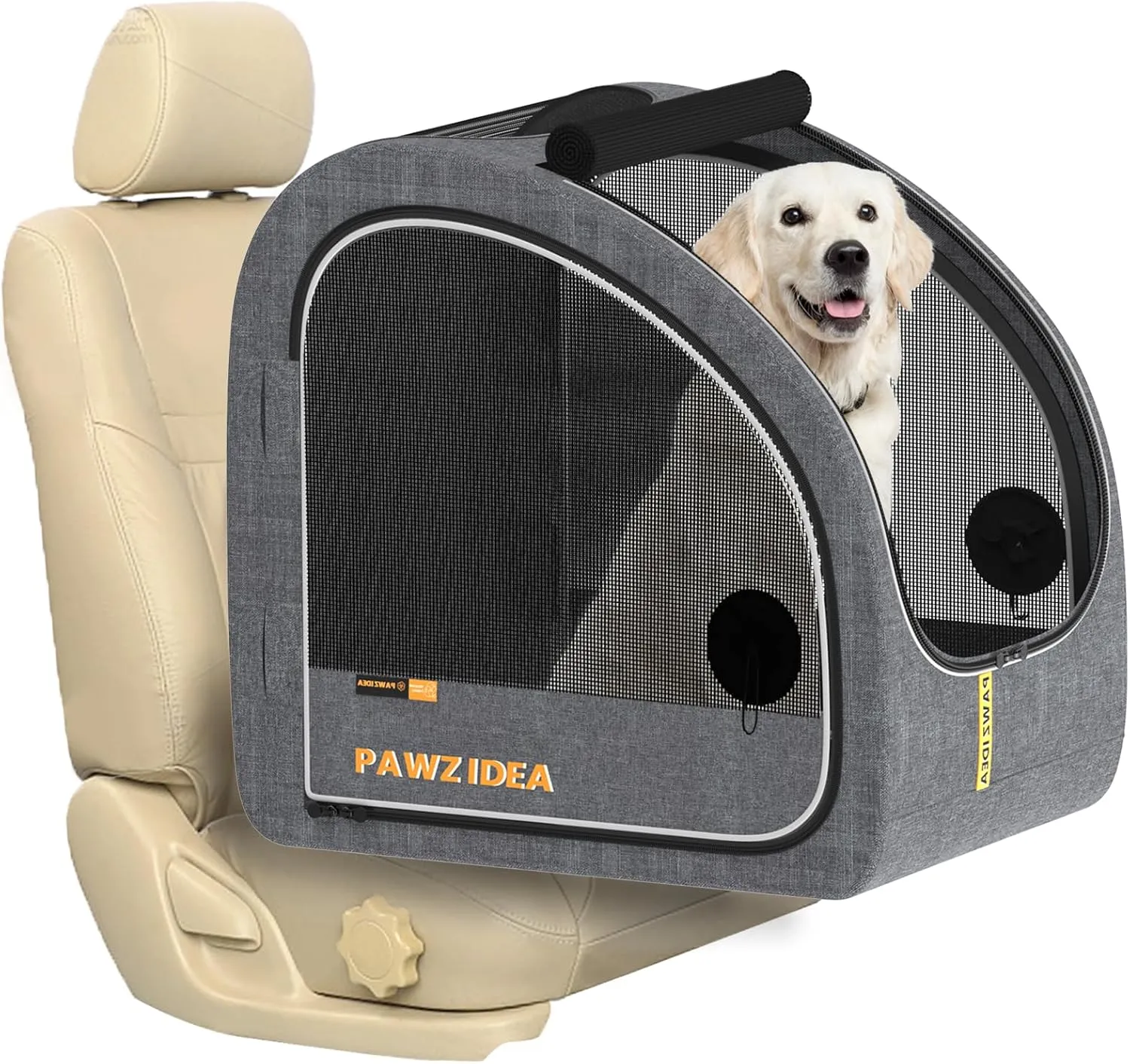 PAWZIDEA Collapsible Dog Travel Crate, Portable Pet Crate for Car, Soft-Sided Dog Kennel for Medium Large Dogs, Pop-Up Metal Frame, Seatbelt & Headrest Strap, Foldable Pet Car Seat Carrier for Outdoor