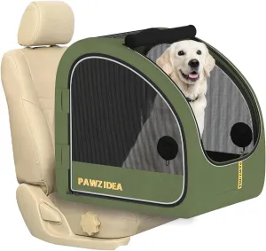 PAWZIDEA Collapsible Dog Travel Crate, Portable Pet Crate for Car, Soft-Sided Dog Kennel for Medium Large Dogs, Pop-Up Metal Frame, Seatbelt & Headrest Strap, Foldable Pet Car Seat Carrier for Outdoor