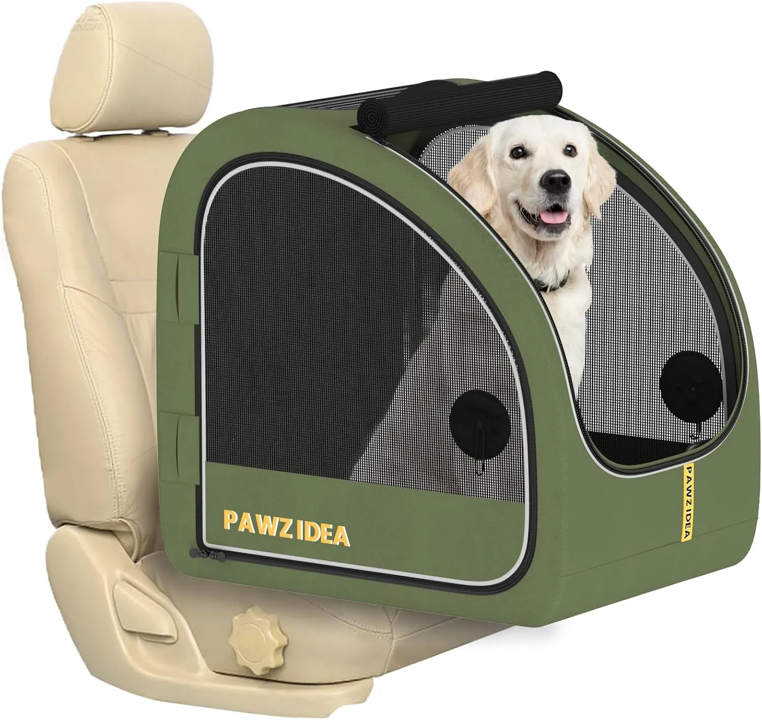 PAWZIDEA Collapsible Dog Travel Crate, Portable Pet Crate for Car, Soft-Sided Dog Kennel for Medium Large Dogs, Pop-Up Metal Frame, Seatbelt & Headrest Strap, Foldable Pet Car Seat Carrier for Outdoor