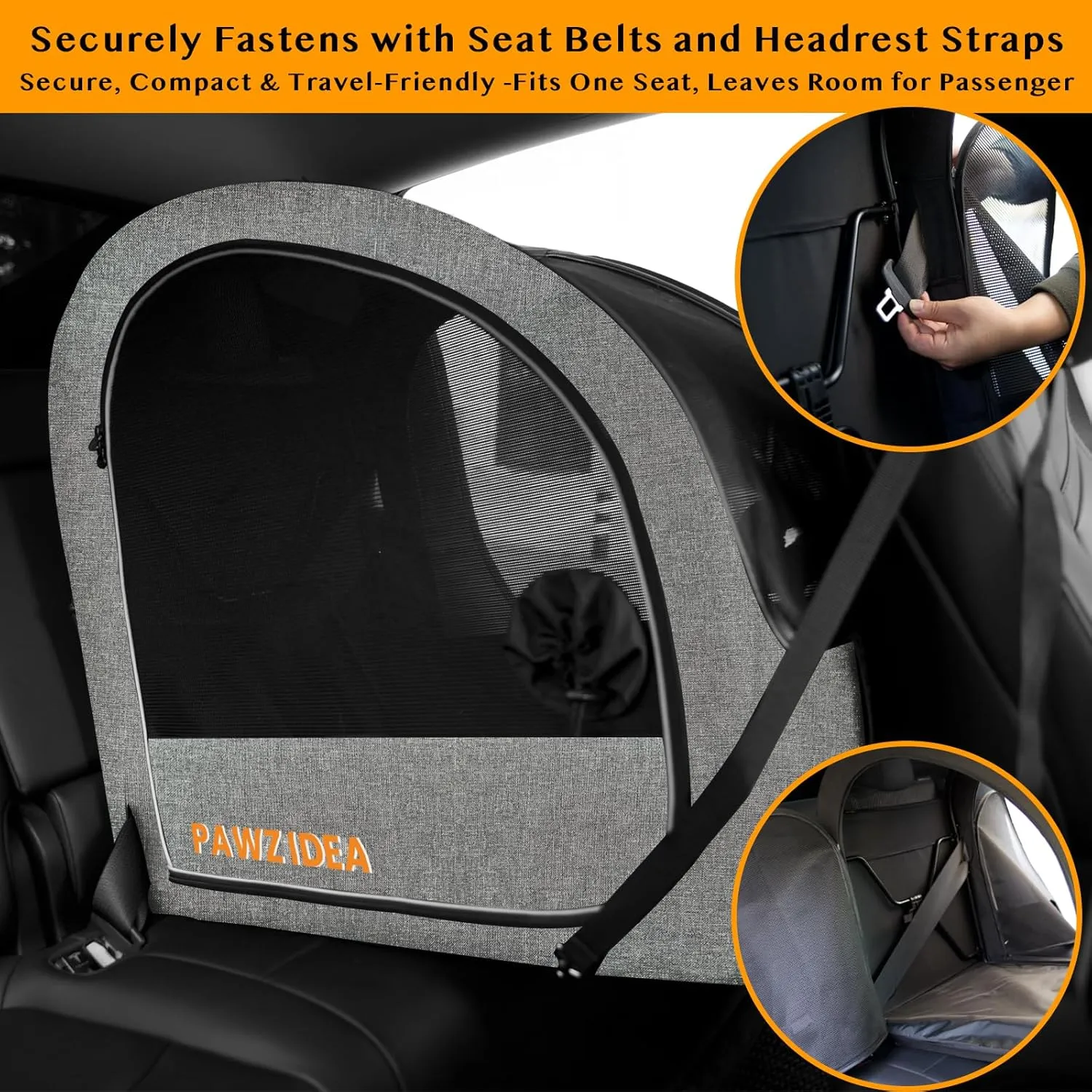PAWZIDEA Collapsible Dog Travel Crate, Portable Pet Crate for Car, Soft-Sided Dog Kennel for Medium Large Dogs, Pop-Up Metal Frame, Seatbelt & Headrest Strap, Foldable Pet Car Seat Carrier for Outdoor