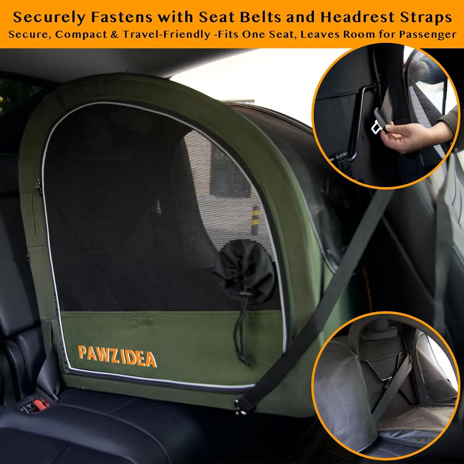 PAWZIDEA Collapsible Dog Travel Crate, Portable Pet Crate for Car, Soft-Sided Dog Kennel for Medium Large Dogs, Pop-Up Metal Frame, Seatbelt & Headrest Strap, Foldable Pet Car Seat Carrier for Outdoor