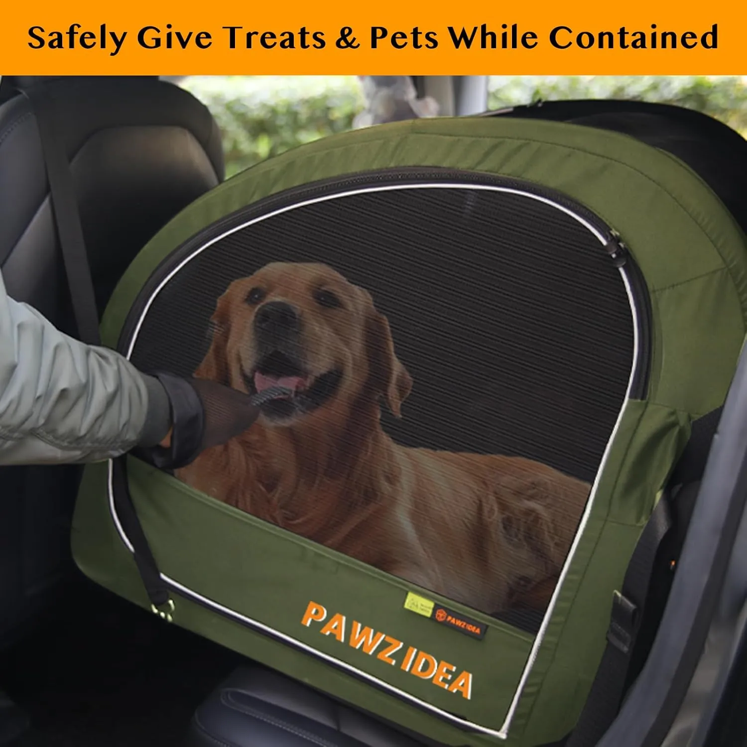 PAWZIDEA Collapsible Dog Travel Crate, Portable Pet Crate for Car, Soft-Sided Dog Kennel for Medium Large Dogs, Pop-Up Metal Frame, Seatbelt & Headrest Strap, Foldable Pet Car Seat Carrier for Outdoor