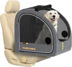 PAWZIDEA Collapsible Dog Travel Crate, Portable Pet Crate for Car, Soft-Sided Dog Kennel for Medium Large Dogs, Pop-Up Metal Frame, Seatbelt & Headrest Strap, Foldable Pet Car Seat Carrier for Outdoor