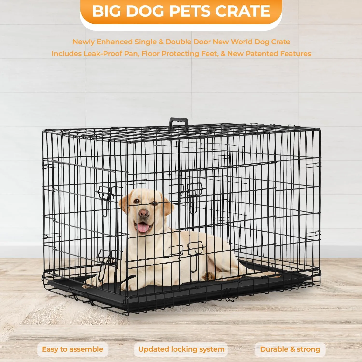 PayLessHere Large Dog Crate Kennel for Medium Large Dogs Metal Dog Cage Double-Door Folding Travel Indoor Outdoor Puppy Playpen with Divider and Handle Plastic Tray (42 Inch, Black)