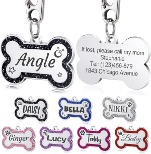 Personalized Dog Tags Stainless Steel Pet ID Tags with Glittery Bone Design, Up to 5 Lines of Custom Text Engraved on Both Sides Custom Dog Name Tag Engraved for Pets Dog Puppy Cat(Large,Black)