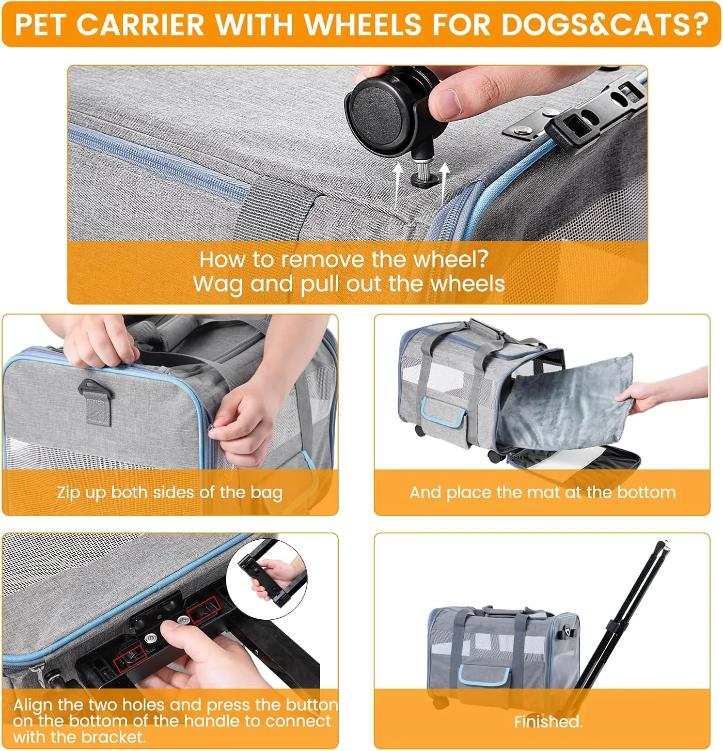 Pet Carrier for Small Pet, Cat Dog Carrier for Car Soft Sided Dog Rolling Crate Cat Travel Bag up to 20 Lbs