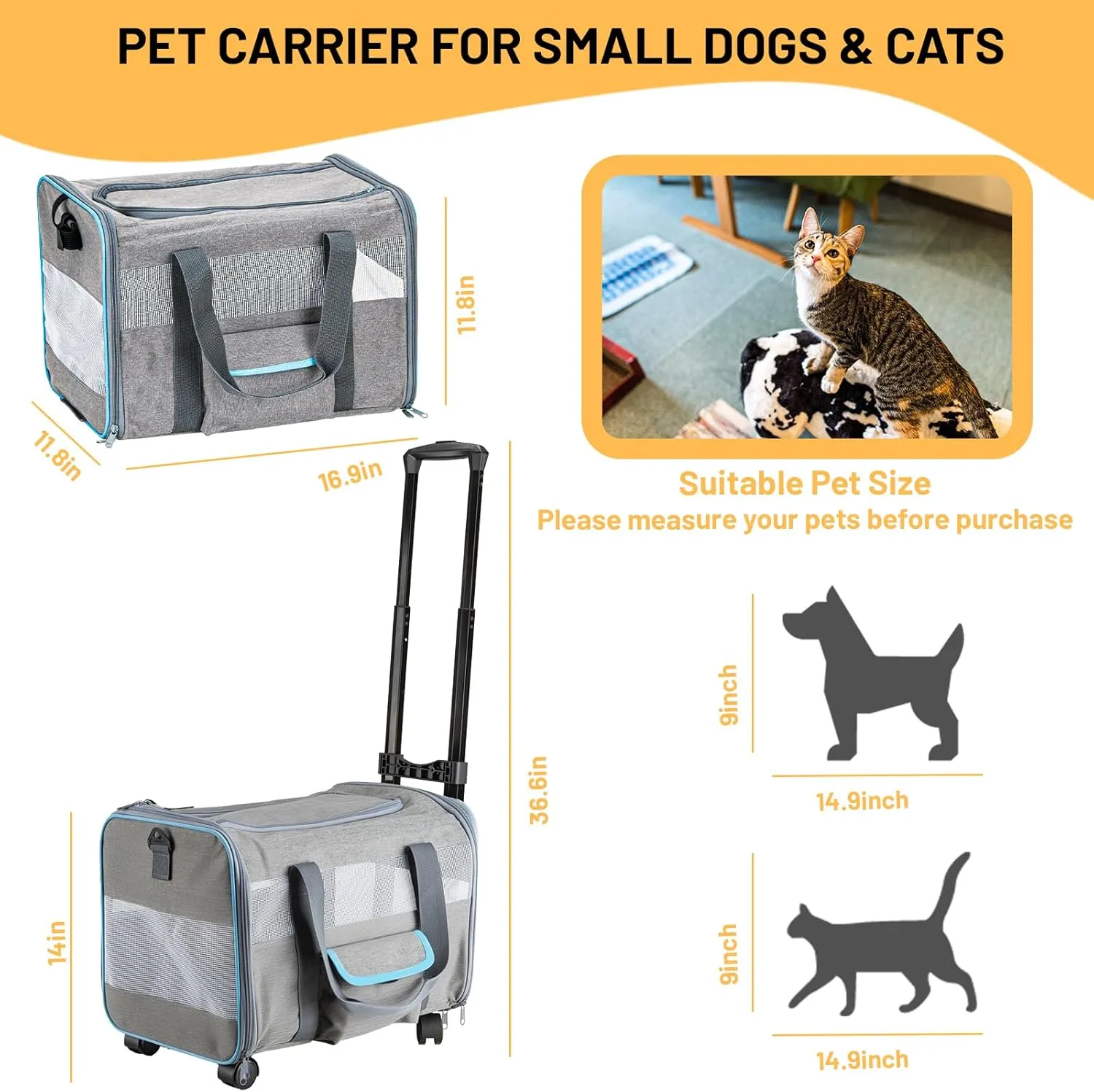 Pet Carrier for Small Pet, Cat Dog Carrier for Car Soft Sided Dog Rolling Crate Cat Travel Bag up to 20 Lbs
