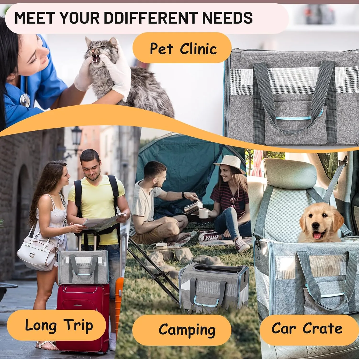 Pet Carrier for Small Pet, Cat Dog Carrier for Car Soft Sided Dog Rolling Crate Cat Travel Bag up to 20 Lbs