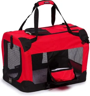 PET LIFE 'Deluxe 360 Vista View' Zippered Soft Folding Collapsible Metal Framed Pet Dog Crate House Carrier w/ Removable Bowl and Pop-out Tray, Medium, Red