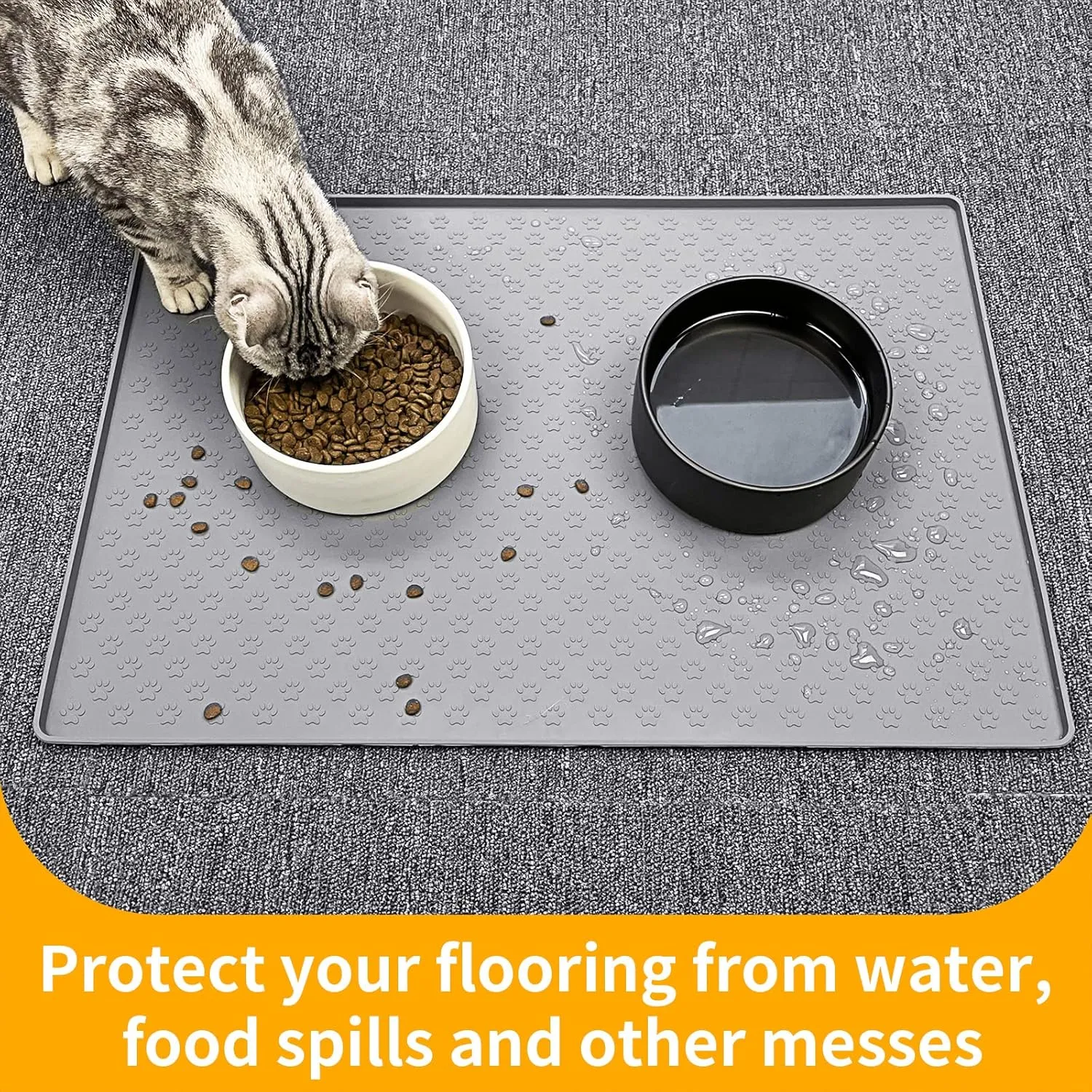Pet Placemat for Dog and Cat, Mat for Prevent Food and Water Overflow, Suitable for Small, Medium and Big Pet, 18" 12", Grey, Silicone