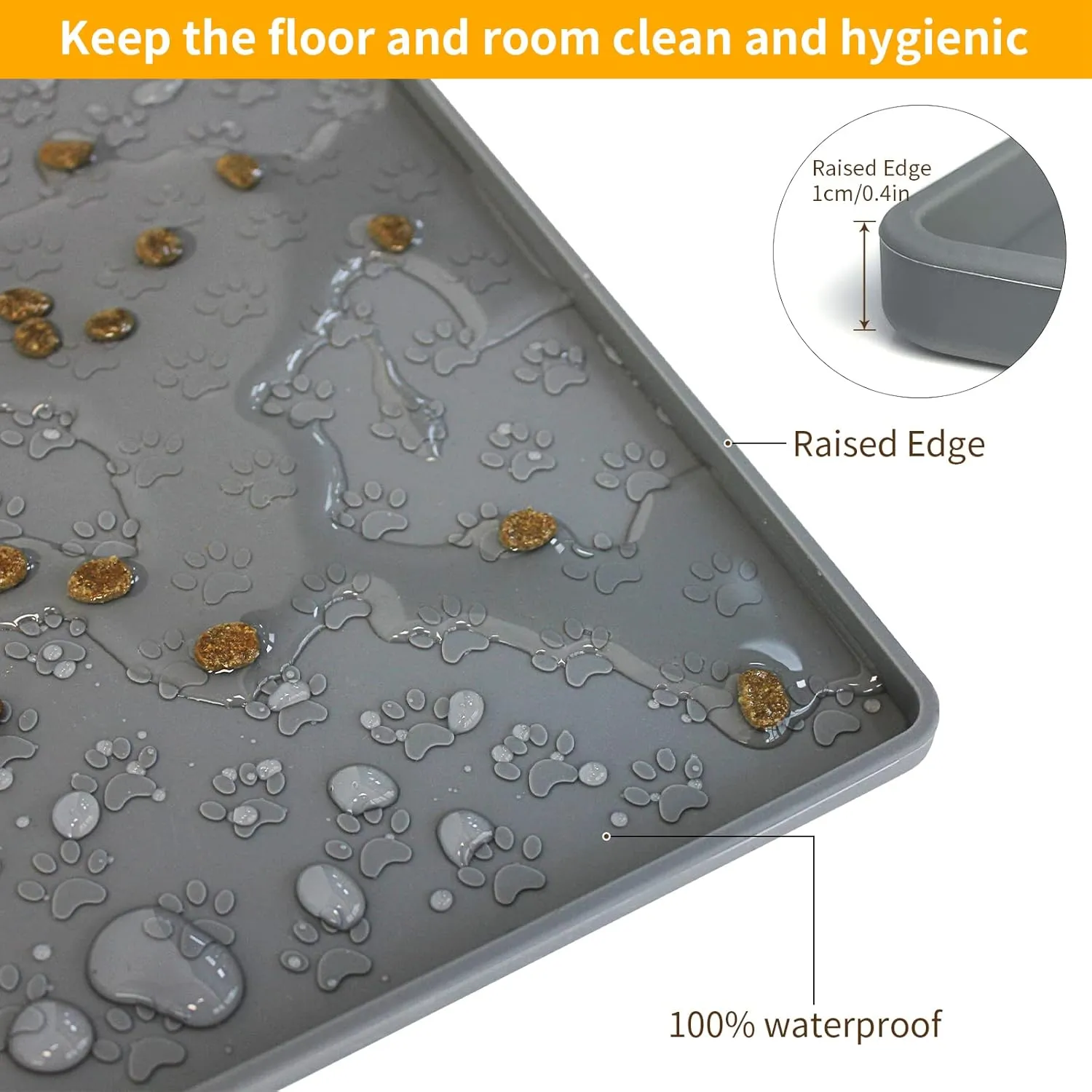 Pet Placemat for Dog and Cat, Mat for Prevent Food and Water Overflow, Suitable for Small, Medium and Big Pet, 18" 12", Grey, Silicone