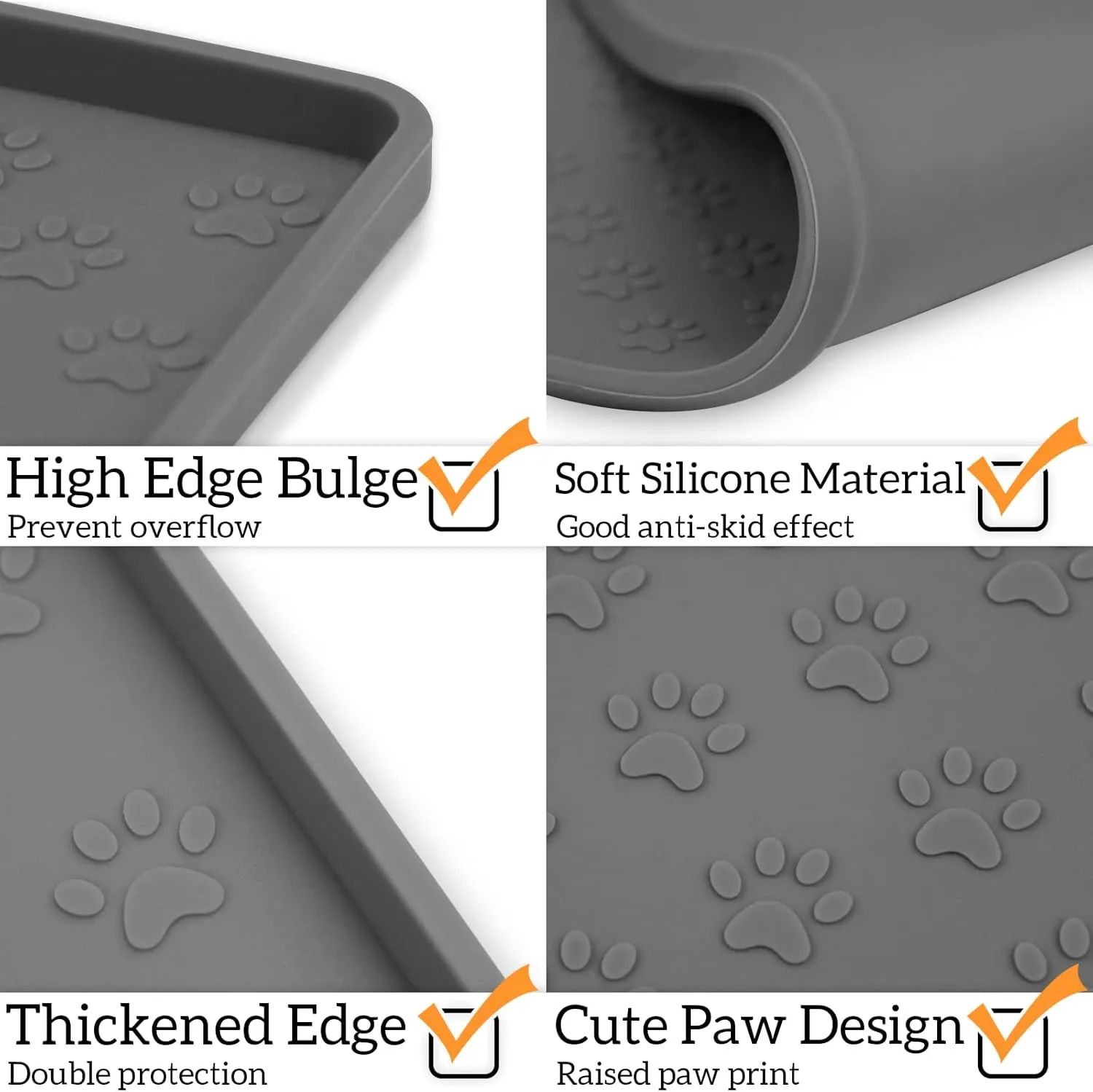 Pet Placemat for Dog and Cat, Mat for Prevent Food and Water Overflow, Suitable for Small, Medium and Big Pet, 18" 12", Grey, Silicone