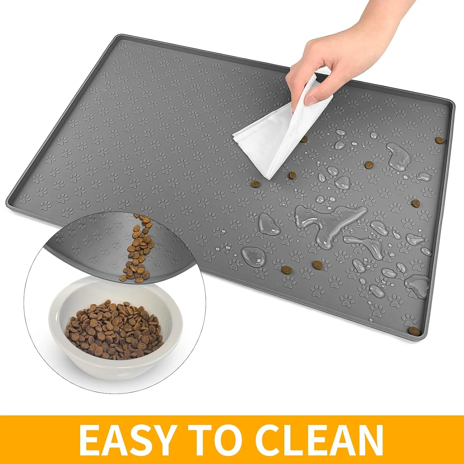 Pet Placemat for Dog and Cat, Mat for Prevent Food and Water Overflow, Suitable for Small, Medium and Big Pet, 18" 12", Grey, Silicone