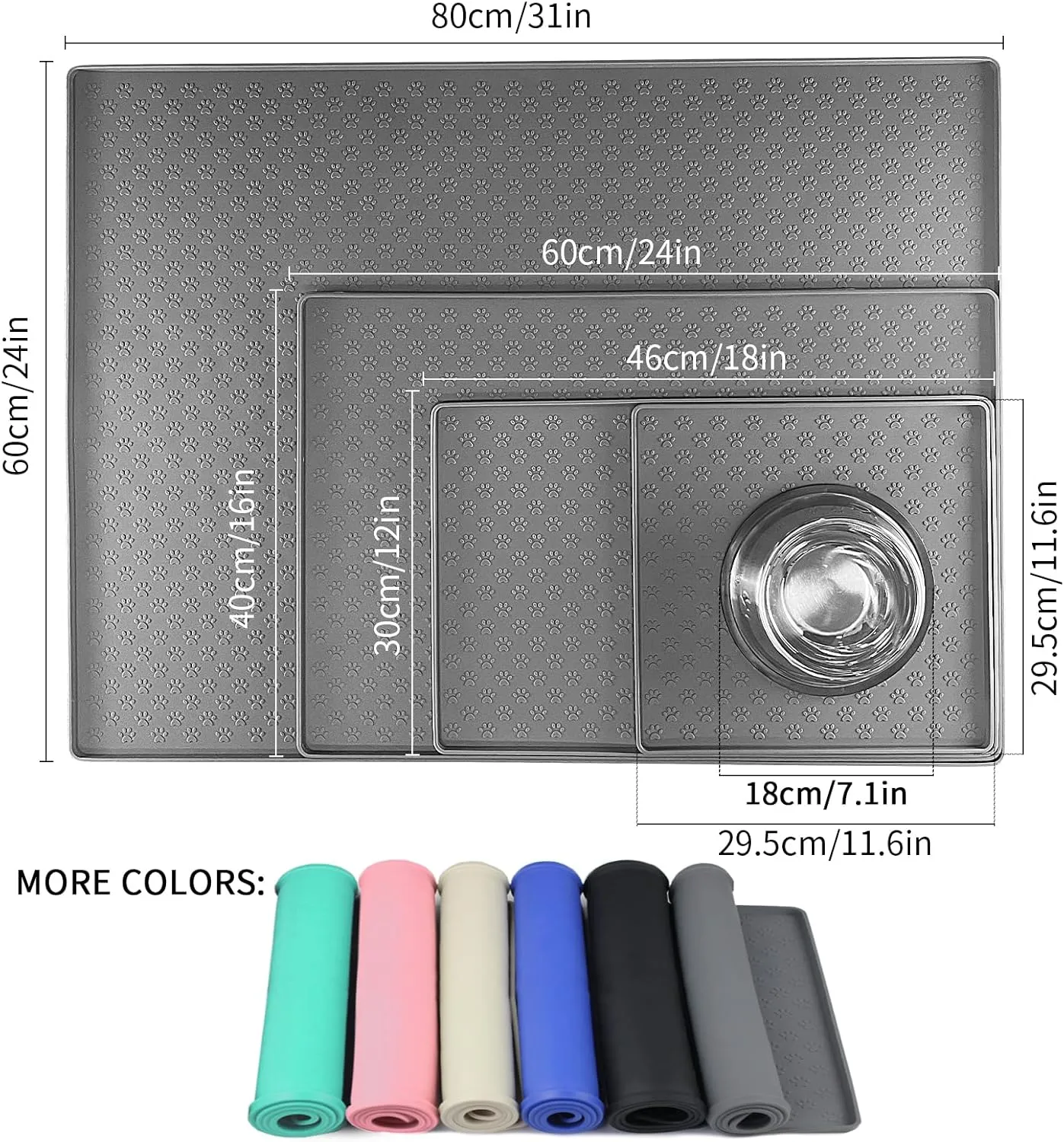 Pet Placemat for Dog and Cat, Mat for Prevent Food and Water Overflow, Suitable for Small, Medium and Big Pet, 18" 12", Grey, Silicone