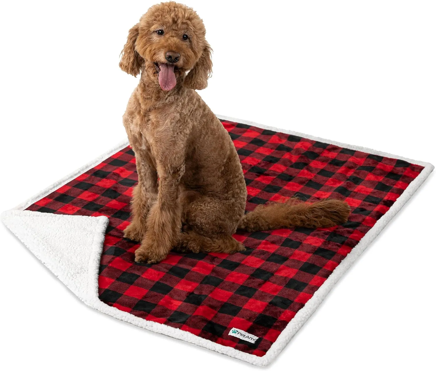 PetAmi Waterproof Dog Blanket for Medium Large XL Dog Puppy Cat Throw for Couch Cover Leakproof Protection, Sherpa Fleece, Reversible Soft Washable 80x60 Checker Plaid Red