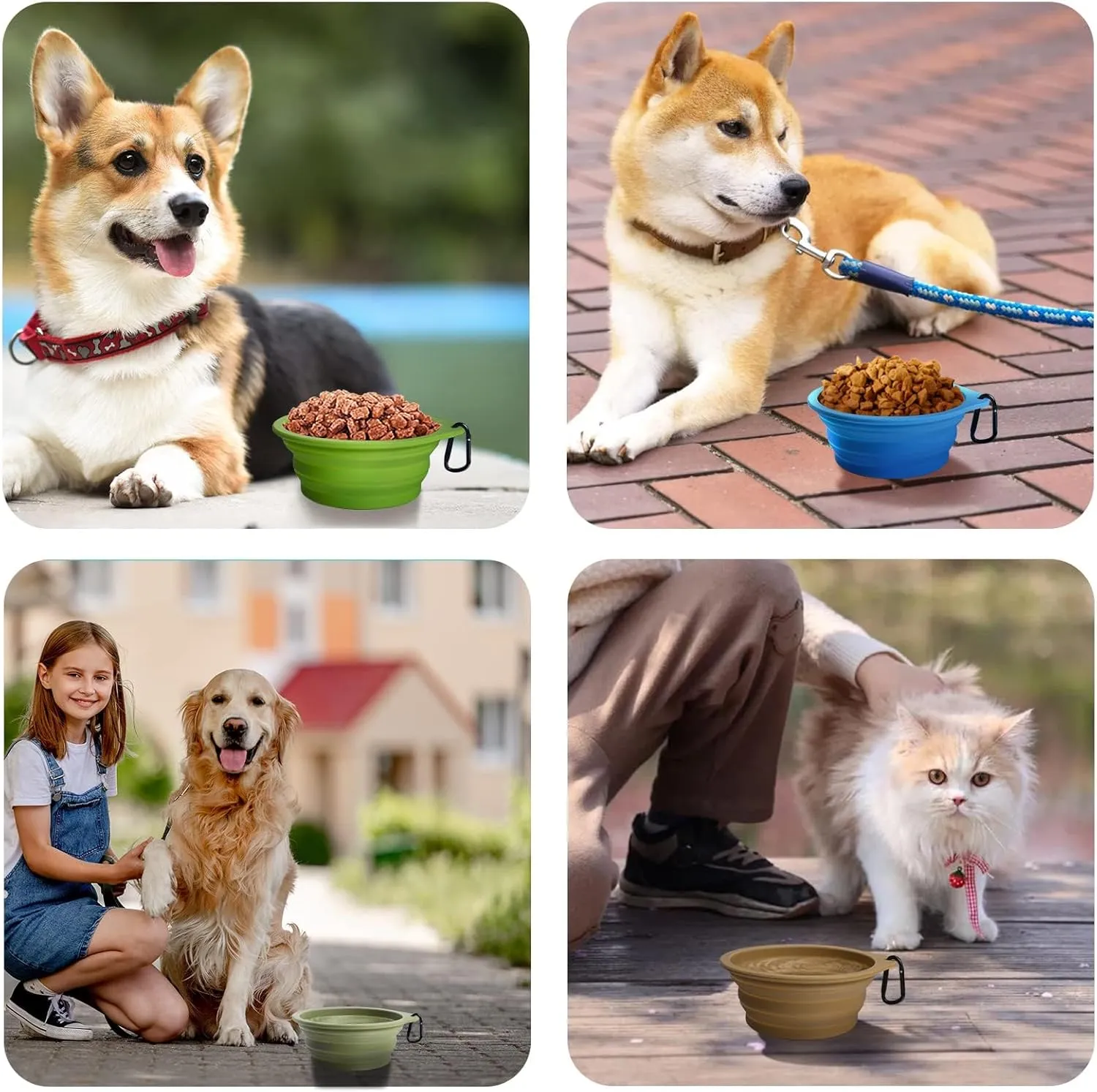 PetBonus 2-Pack Large Silicone Collapsible Dog Bowls, 34oz/1000ml BPA Free Portable Foldable Travel Bowl for Pet Cat, Food Water Feeding Dish for Camping with 2 Carabiners (Army Green, Navy Blue)