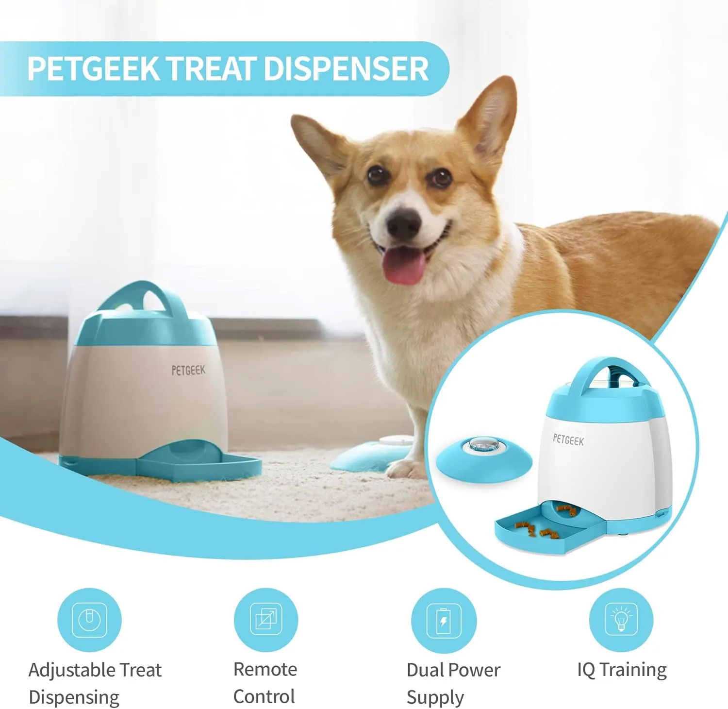 PETGEEK Automatic Dog Treat Dispenser with Button - Puzzle Memory Training Feeder, Pet Geek Button Treat Food Dispensing Toys Interactive, Iq Training Dog Feeder (Blue)