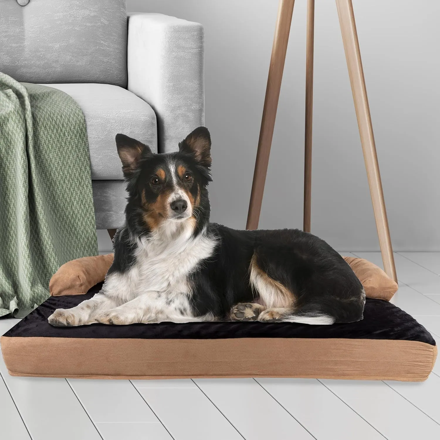 PETMAKER Extra-Large Dog Bed  45.5 x 32 Pet Bed - 3-Layer Orthopedic Dog Sofa with Cooling Gel, Memory Foam and Neck Bolster (Tan/Black), XL