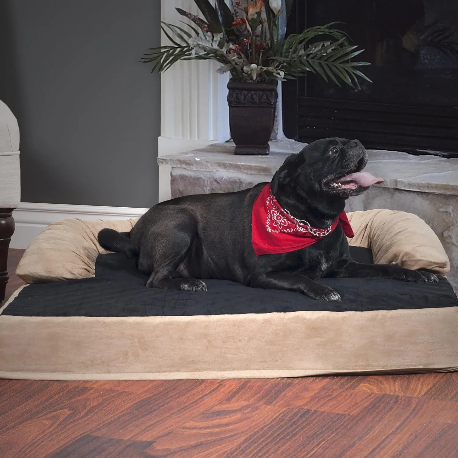 PETMAKER Extra-Large Dog Bed  45.5 x 32 Pet Bed - 3-Layer Orthopedic Dog Sofa with Cooling Gel, Memory Foam and Neck Bolster (Tan/Black), XL