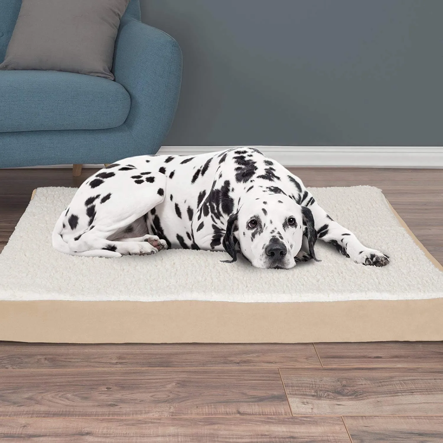 PETMAKER Orthopedic Dog Bed - 2-Layer Memory Foam Crate Mat with Machine Washable Sherpa Cover - 44x35 Pet Bed for Large Dogs up to 100lbs (Tan)