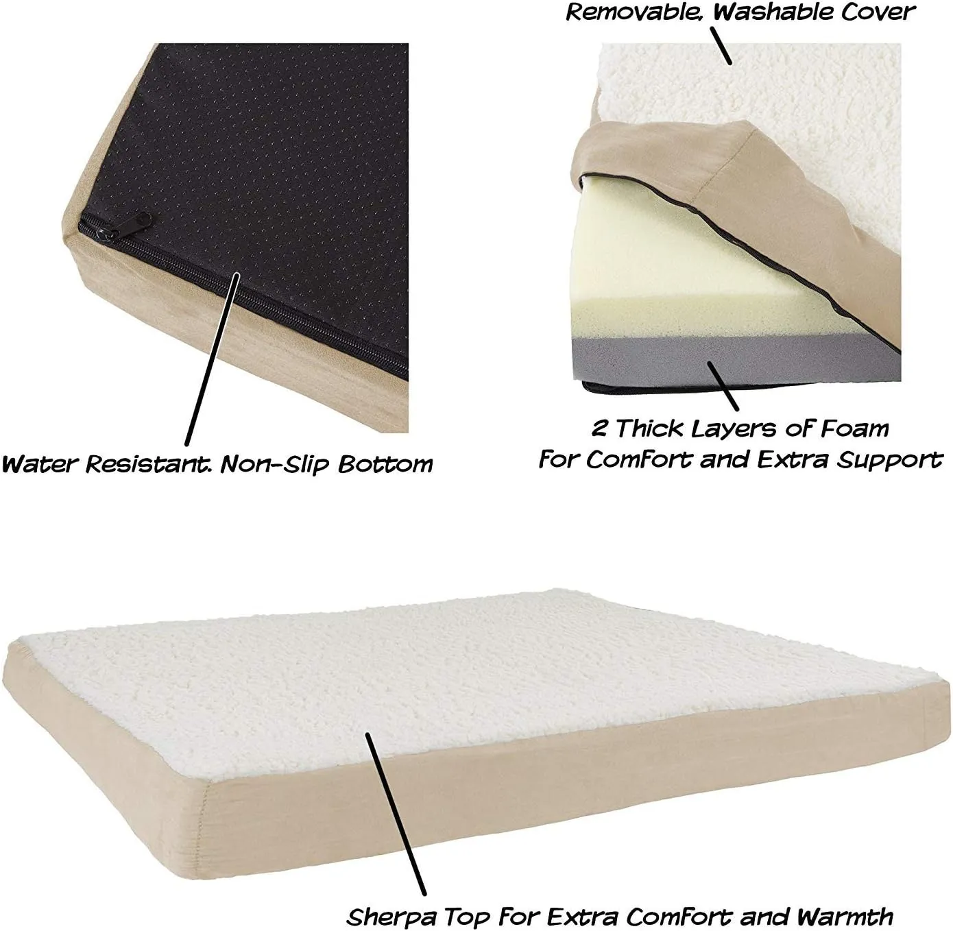 PETMAKER Orthopedic Dog Bed - 2-Layer Memory Foam Crate Mat with Machine Washable Sherpa Cover - 44x35 Pet Bed for Large Dogs up to 100lbs (Tan)