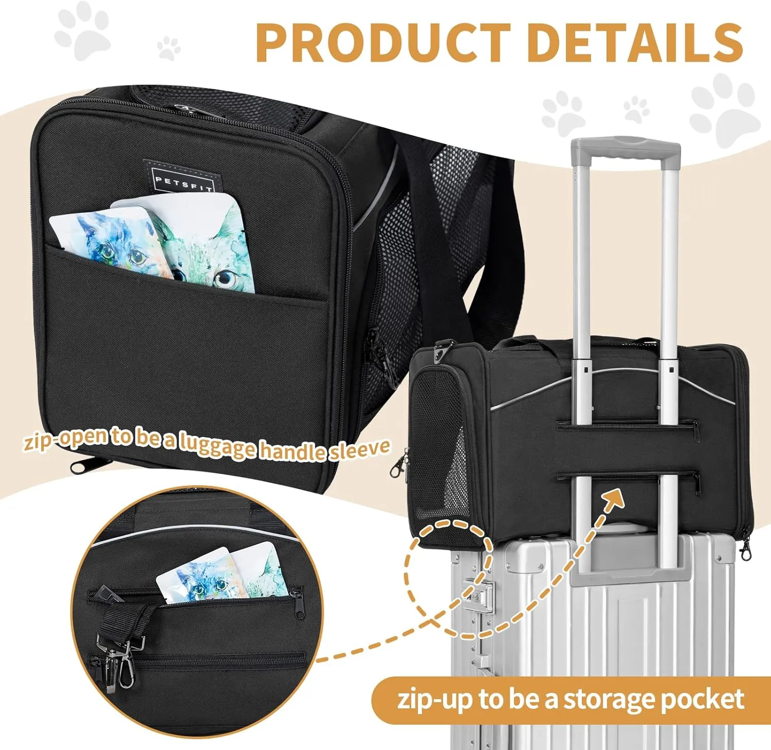 Petsfit Cat Carrier Airline Approved, 19 x 9 x 12 Soft-Sided Pet Carrier, 3 Carrying Ways, Lightweight, Breathable, Escape Proof, with Adjustable Shoulder Strap and Soft Cushion Black