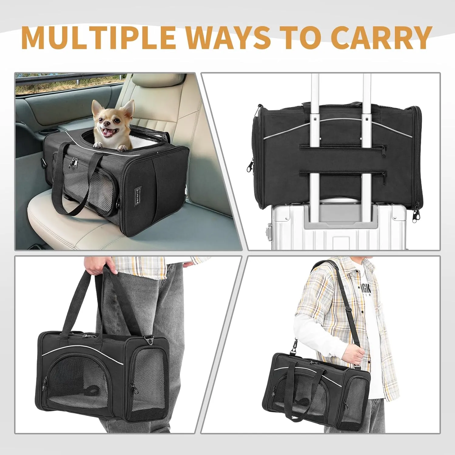 Petsfit Cat Carrier Airline Approved, 19 x 9 x 12 Soft-Sided Pet Carrier, 3 Carrying Ways, Lightweight, Breathable, Escape Proof, with Adjustable Shoulder Strap and Soft Cushion Black