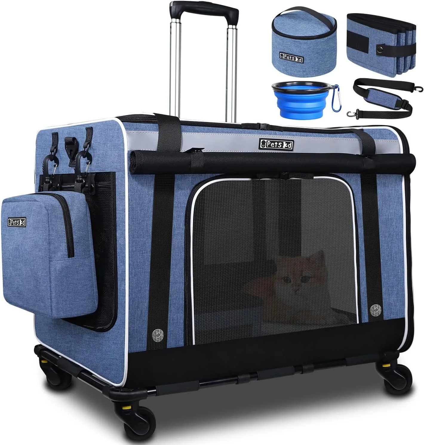 Petskd Extra Large Cat Carrier with Wheels and Litter Box, 24"x17"x17" Rolling Soft Carrier Until 55LBS Pets with 5 Breathable Mesh Windows and Locking Zippers for Long Distance Car Travel(Blue)