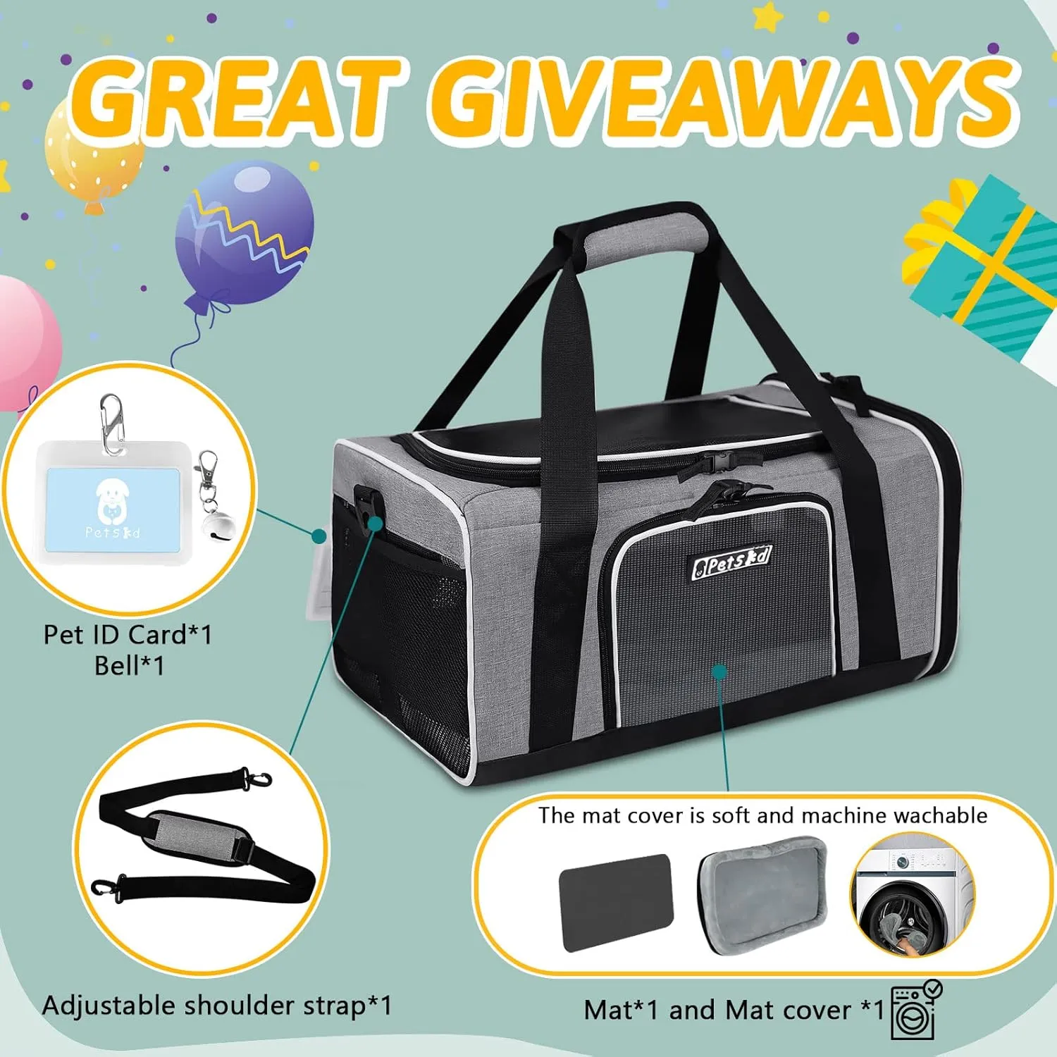 Petskd Pet Carrier 17x11x9.5 Alaska Airline Approved,Pet Travel Carrier Bag for Small Cats and Dogs, Soft Dog Carrier for 1-10 LBS Pets,Dog Cat Carrier with Safety Lock Zipper(Grey)