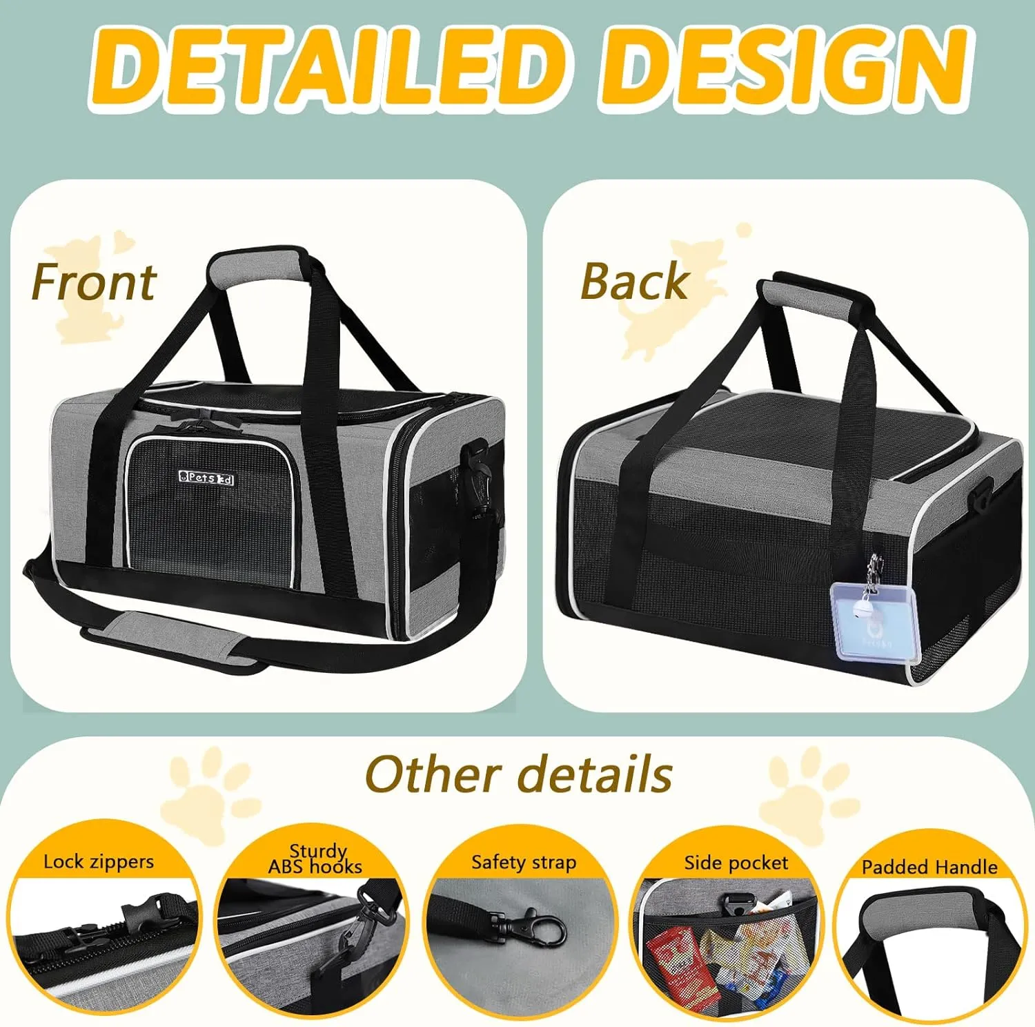 Petskd Pet Carrier 17x11x9.5 Alaska Airline Approved,Pet Travel Carrier Bag for Small Cats and Dogs, Soft Dog Carrier for 1-10 LBS Pets,Dog Cat Carrier with Safety Lock Zipper(Grey)